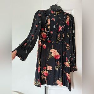 Zara black & floral mock-neck, long-sleeve mini dress.
